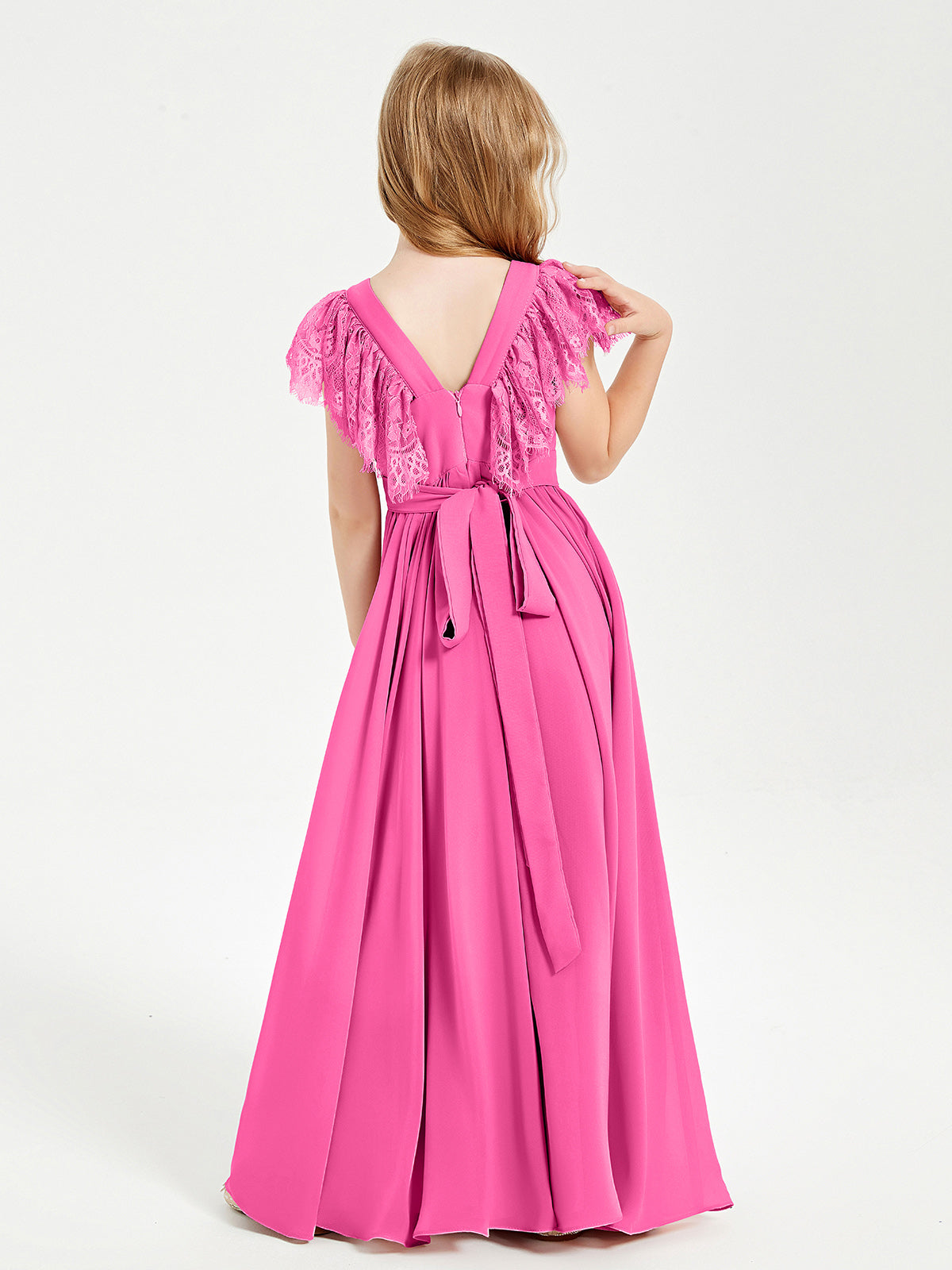 Chiffon Junior Bridesmaid Dresses with Lace Flutter Sleeves Azalea
